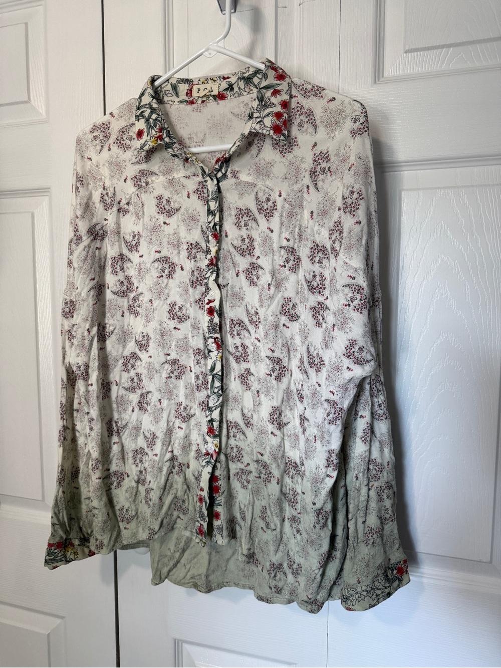 POL Floral Ombre Button Down Blouse Large Oversized Boho Sage Green